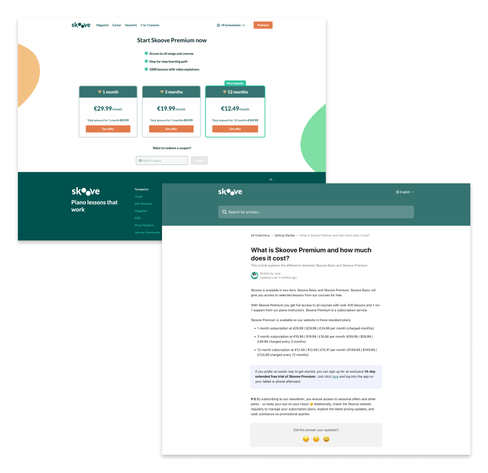 Side-by-side comparison of the logged-in pricing page and the Help Center article for logged-out users