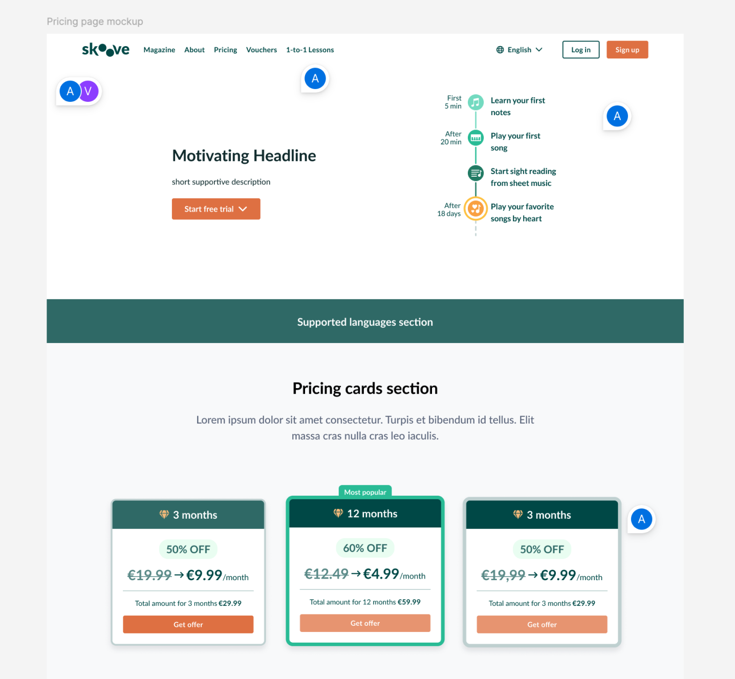 Early layout explorations and annotated design iterations for the Skoove pricing page