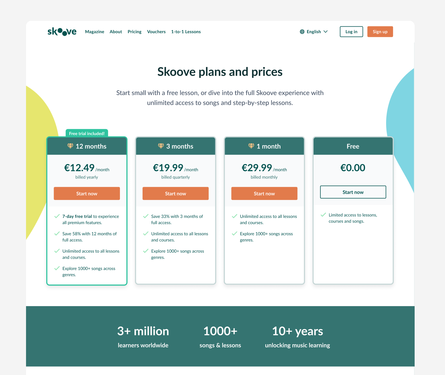 Final Skoove pricing page design showing plan comparison, benefits, FAQs and conversion sections