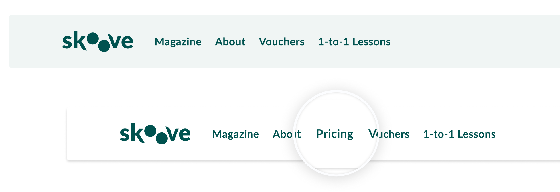 Before-and-after comparison of the website navigation showing the new Pricing entry
